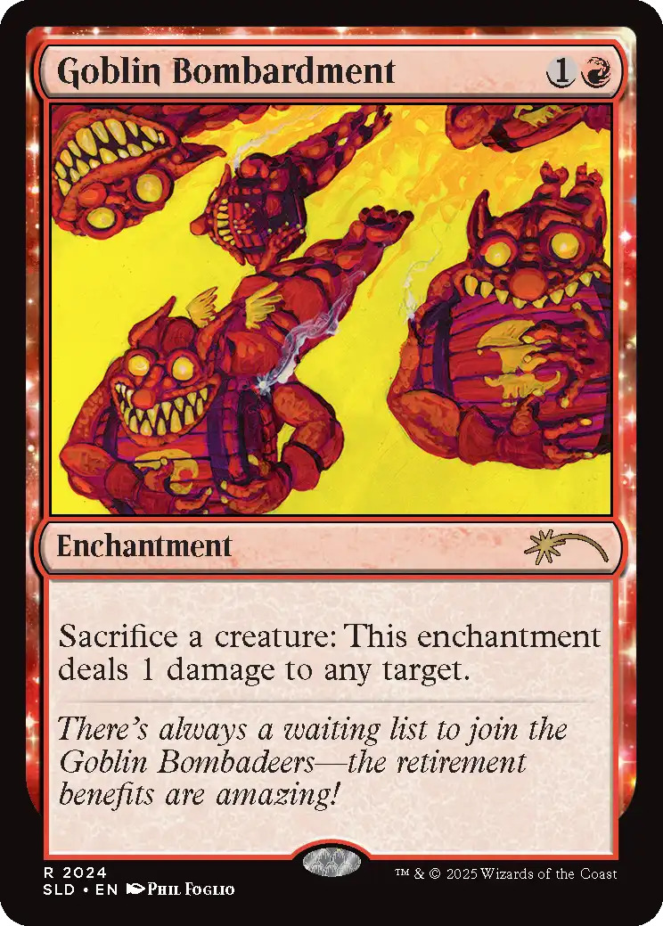 Goblin Bombardment, a Secret Lair reprint. Illustrated by Phil Foglio. Image credit: Wizards of the Coast