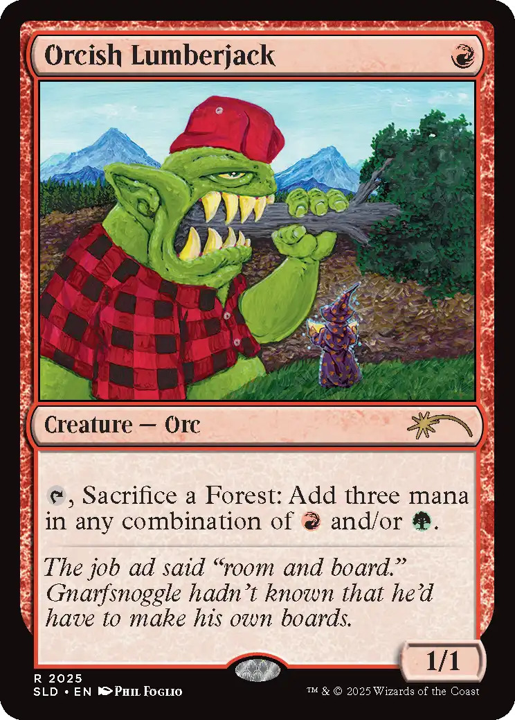 Orcish Lumberjack, a reprint from Artist Series: Phil Foglio. Illustrated by Phil Foglio. Image credit: Wizards of the Coast