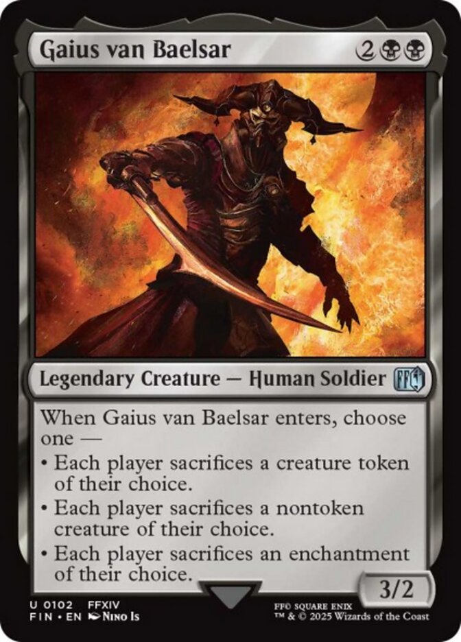 Gaius van Baelsar, a card from MTGFIN revealed on May 20th. Image credit: Wizards of the Coast and Square Enix