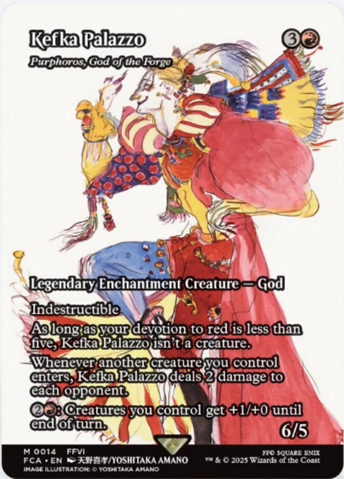 Purphoros, God of the Forge reskinned as "Kefka Palazzo", a character from FFVI depicted in the Through the Ages bonus sheet. Image credit: Wizards of the Coast and Square Enix