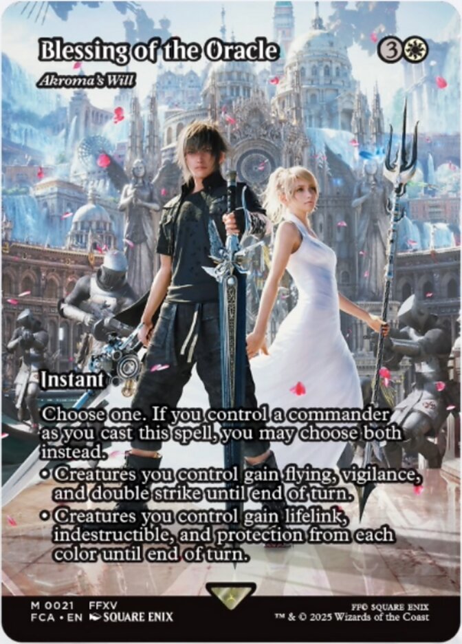 Akroma's Will reskinned as "Blessing of the Oracle", a scene from FFXV depicted in the Through the Ages bonus sheet. Image credit: Wizards of the Coast and Square Enix