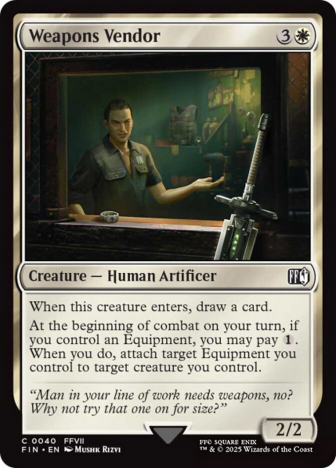 Weapons Vendor, a new card from MTGFIN. Previewed late in the day on Wednesday, May 22nd. Image credit: Wizards of the Coast and Square Enix