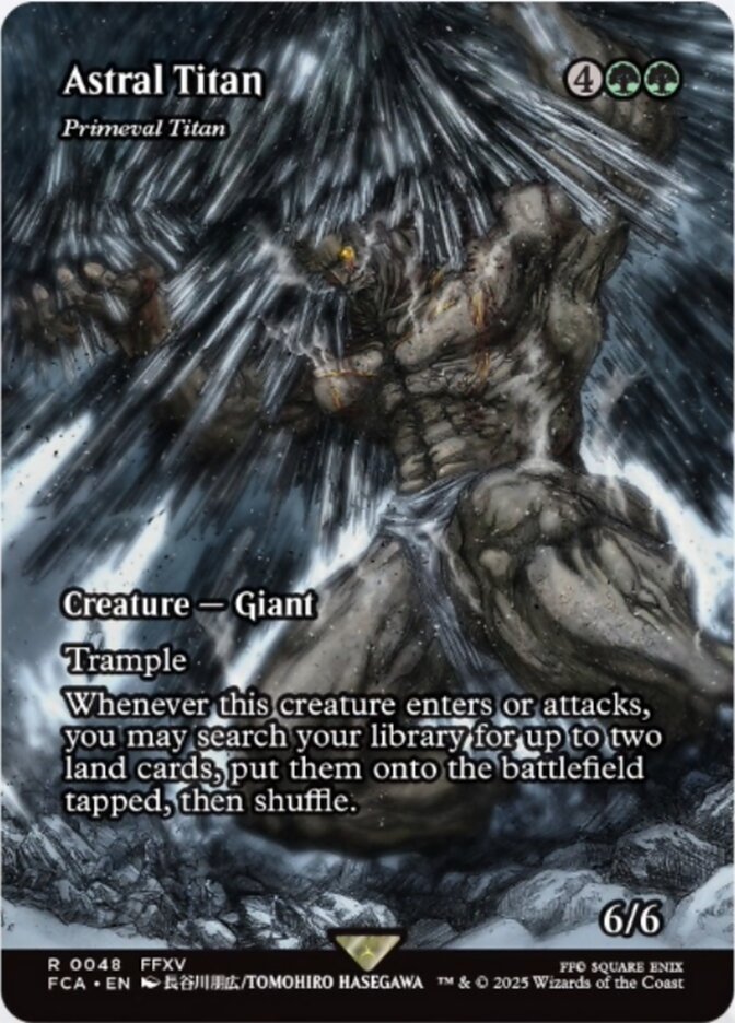 Primeval Titan reskinned as "Astral Titan", a creature from FFXV depicted in the Through the Ages bonus sheet. Image credit: Wizards of the Coast and Square Enix