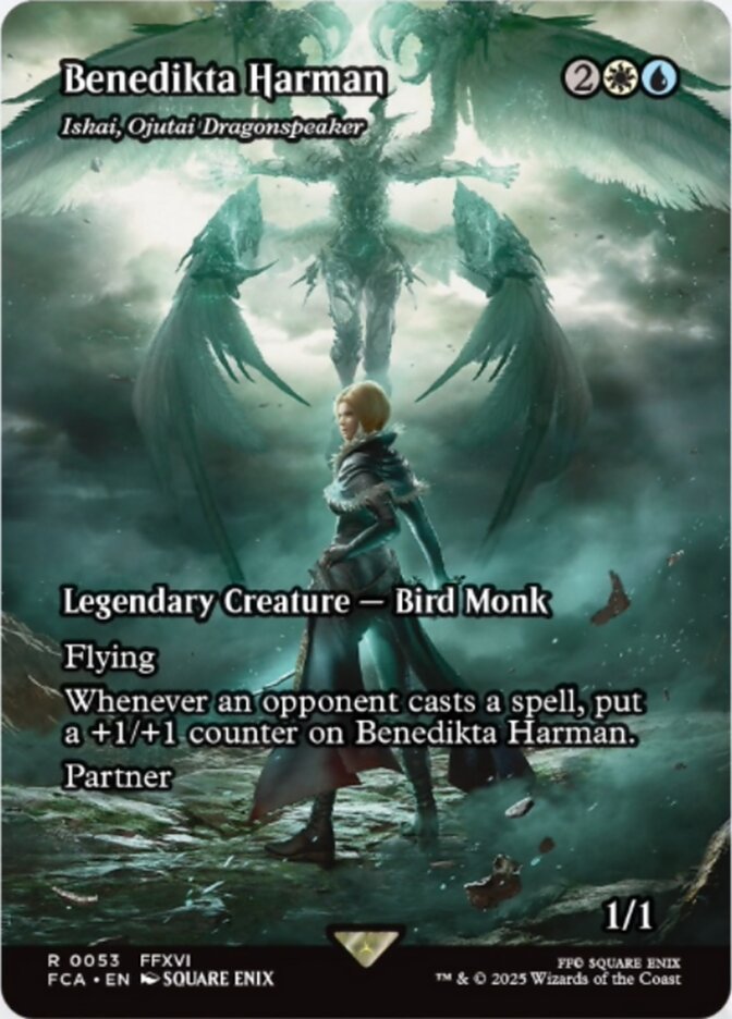 Ishai, Ojutai Dragonspeaker reskinned as "Benedikta Harman", a character from FFXVI depicted in the Through the Ages bonus sheet. Image credit: Wizards of the Coast and Square Enix