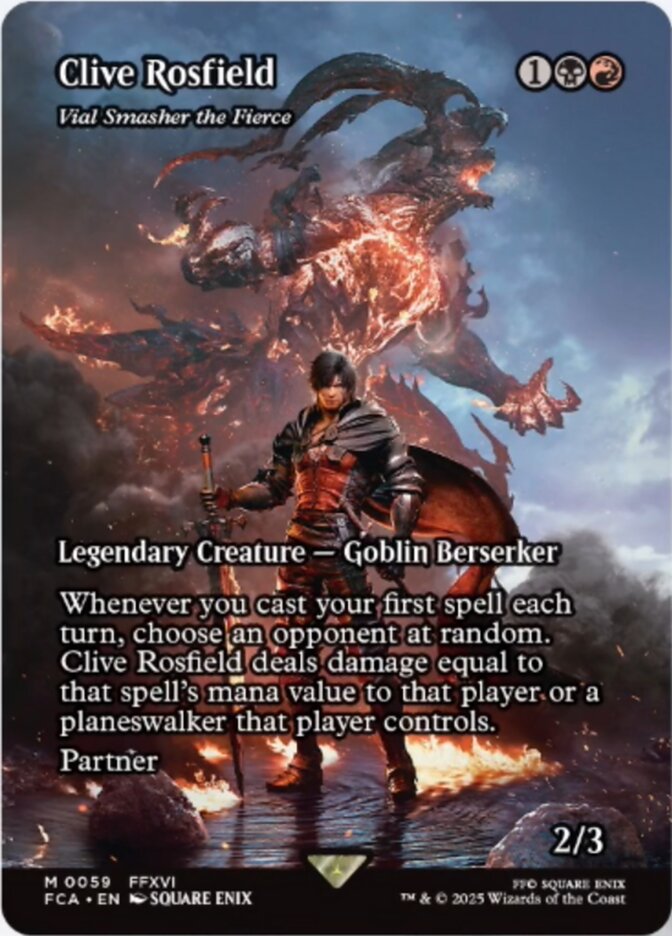 Vial Smasher the Fierce reskinned as "Clive Rosfeld", the main character from FFXVI depicted in the Through the Ages bonus sheet. Image credit: Wizards of the Coast and Square Enix