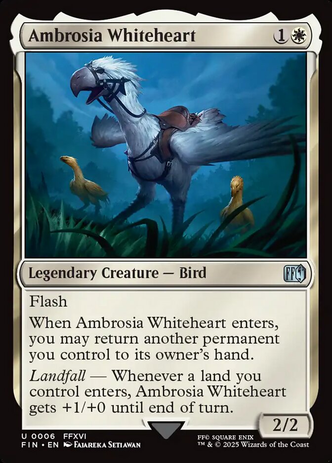 Ambrosia Whiteheart, a card from MTGFIN revealed on May 20th. Image credit: Wizards of the Coast and Square Enix