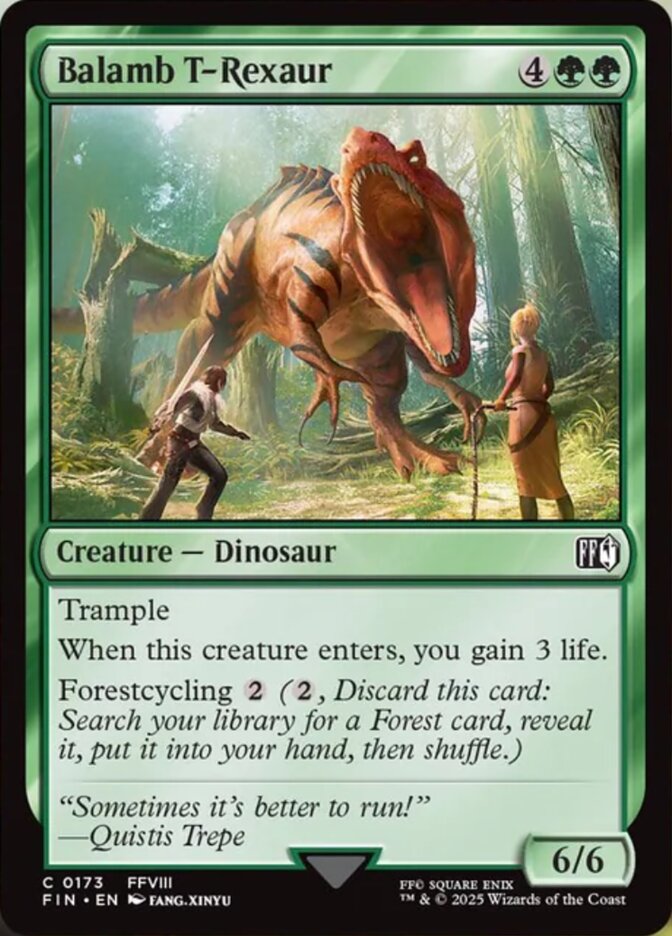 Balamb T-Rexaur, a card from MTGFIN revealed on May 20th. Image credit: Wizards of the Coast and Square Enix