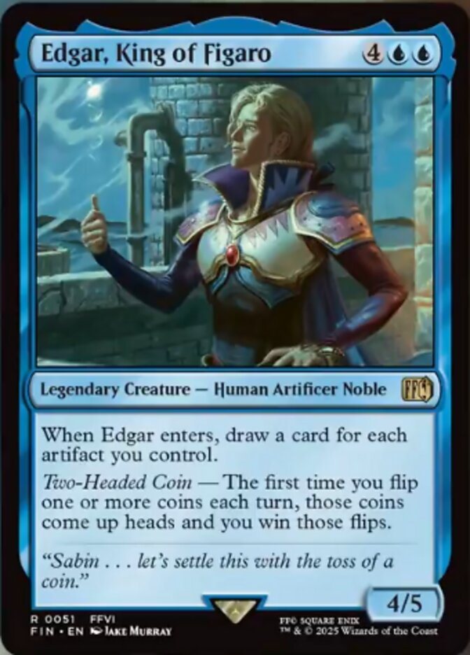 Edgar, King of Figaro, a card from MTGFIN revealed on May 20th. Image credit: Wizards of the Coast and Square Enix