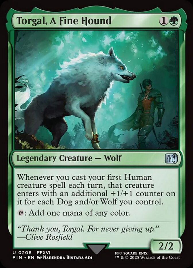 Torgal, A Fine Hound, a card from MTGFIN revealed on May 20th. Image credit: Wizards of the Coast and Square Enix