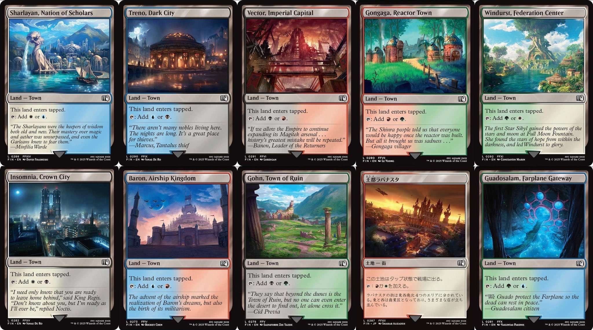 The cycle of ten Town dual lands from Final Fantasy. Previewed on Wednesday, May 21st. Image credit: Wizards of the Coast and Square Enix