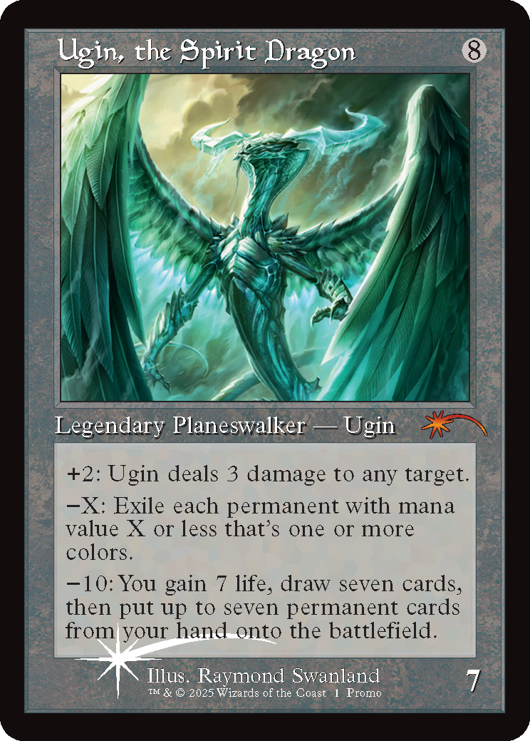 A retro-frame copy of Ugin, the Spirit Dragon, an exclusive for MagicCon Las Vegas's Festival In A Box. Image credits: Wizards of the Coast