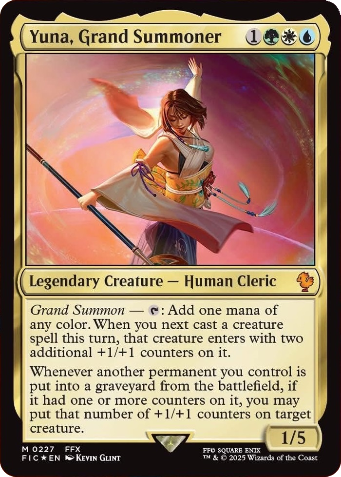 Yuna, Grand Summoner, a new card from within the "Counter Blitz" precon for Final Fantasy. Image credits: Wizards of the Coast and Square Enix