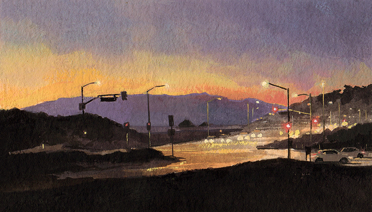 A plein air painting of a mountainside road. Image credit: Eric Klug