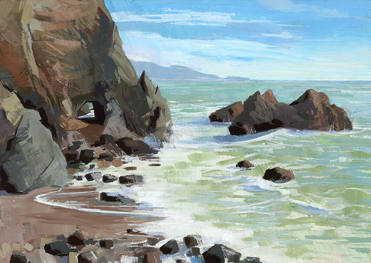 A plein air painting of a rocky shoreline. Image credit: Eric Klug