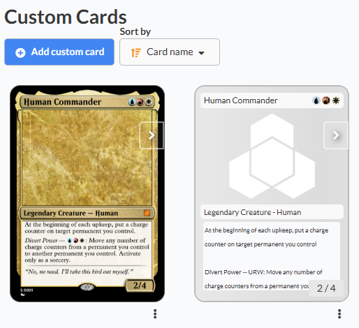 Side by side of the same card, one uploaded with the uploader after being created elsewhere, and one created using the custom cards feature