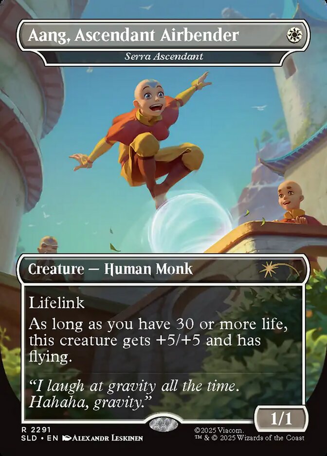Serra Ascendant as "Aang, Ascendant Airbender". Image credit: Wizards of the Coast and Viacom