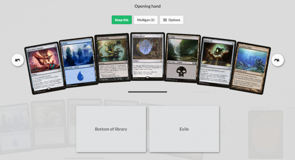 A screenshot of a prospective first hand on the Archidekt Playtester.